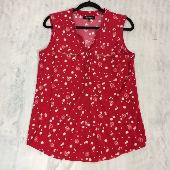 Lily Morgan Sleeveless Floral Top Womens Med Red V Neck Half Button Blouse - Picture 10 of 10